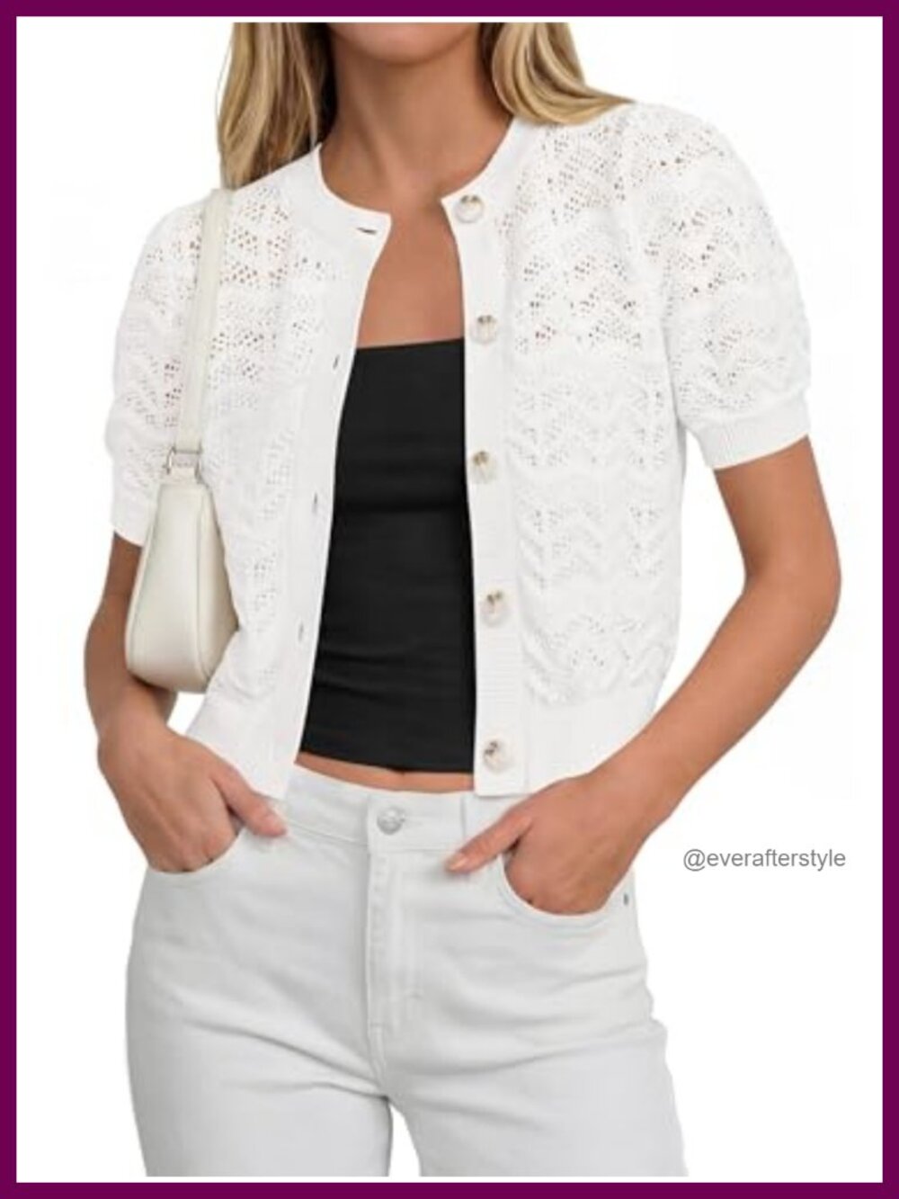 Crochet Puff Short Sleeve Cardigan Women Lightweight Knit Summer Cover Up